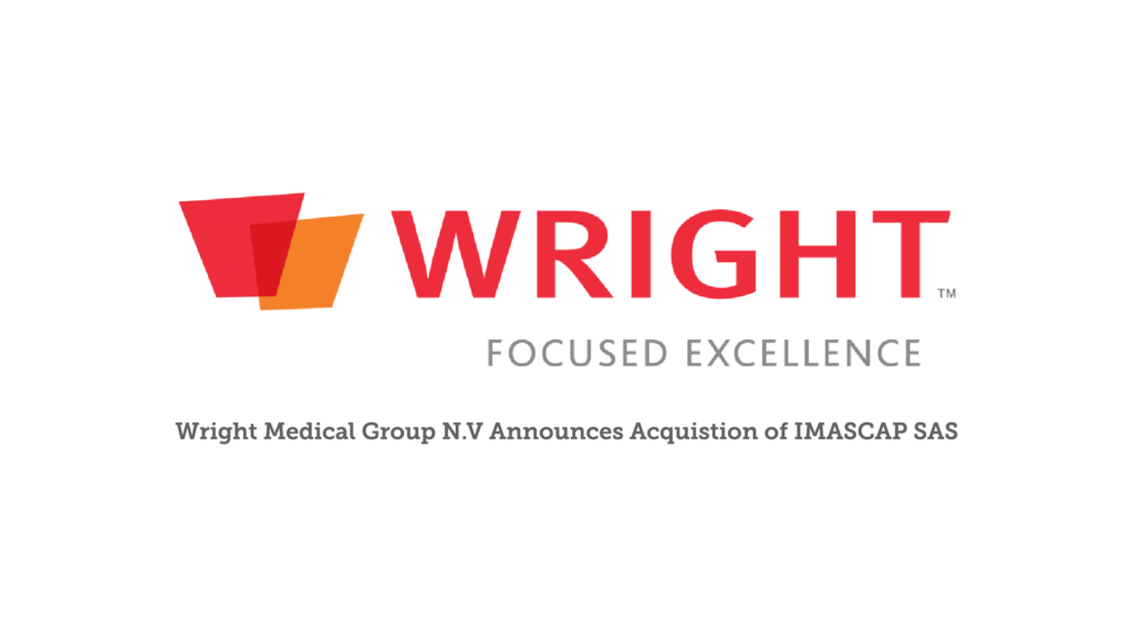 Wright Medical Groups orange and red logo announcing Acquired IMASCAP SAS for $88.8 Million